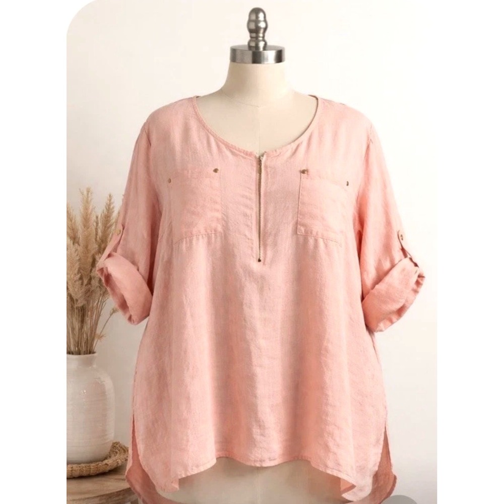 Ellen Tracy Linen Tunic Top Wmn 2X Pink Peach Coastal Grandma Zip V-Neck Pocket